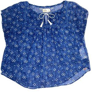 Hollister Size Small Navy Blue Sheer Geometric Print Blouse